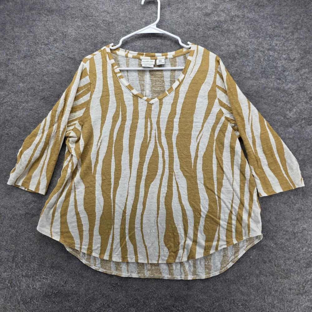Rachel Zoe Shirt Womens 1X Tan White Zebra Stripe 100% Linen V Neck Top Blouse